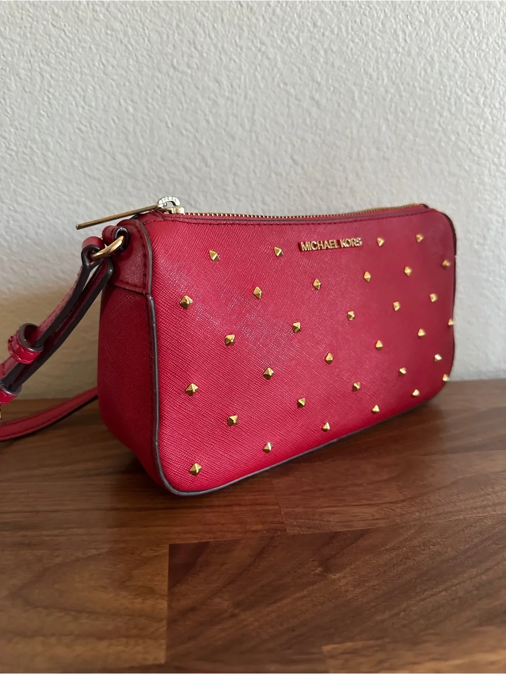 Michael Kors Red Studded Baguette Shoulder Bag Gold Hardware
